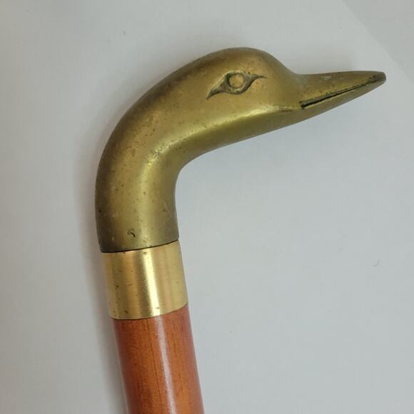 Antique Solid Brass Duck Head Wooden Walking Stick Cane Vintage Victorian 35" - Picture 1 of 4